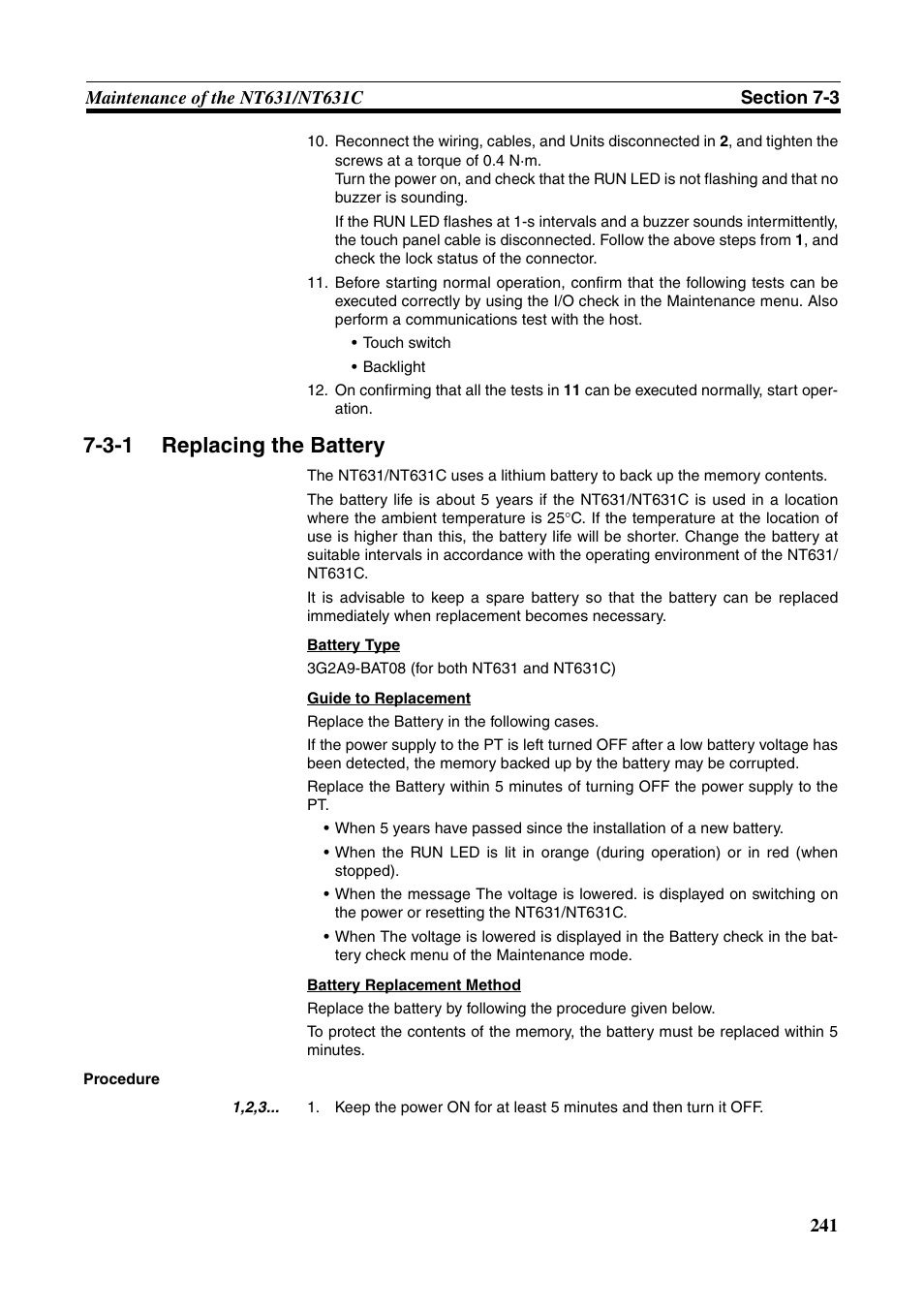 3-1 replacing the battery, 3-1 replacing the bat- tery, Replacing the battery | Omron Programmable Terminals NT631C User Manual | Page 258 / 315