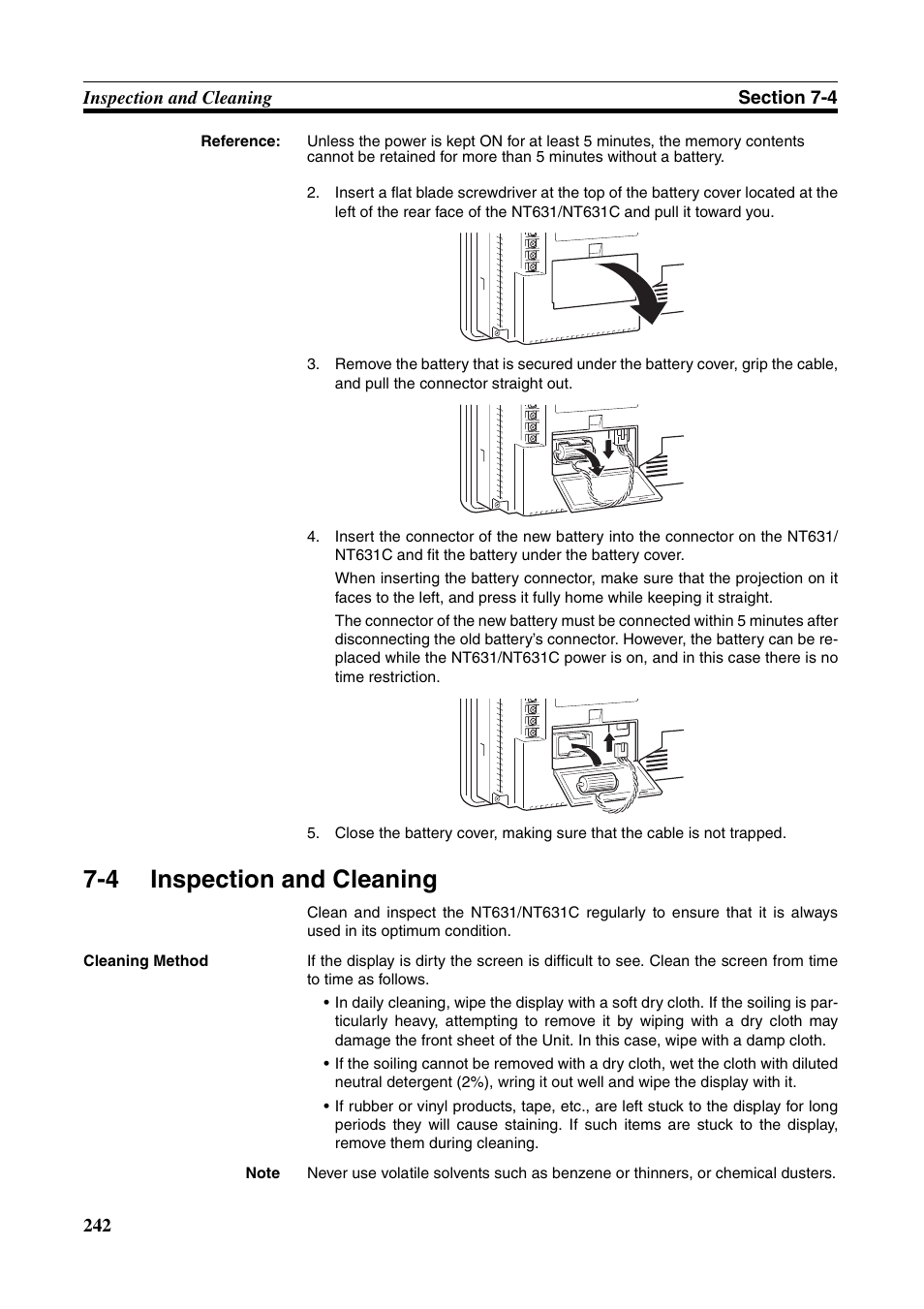 4 inspection and cleaning, Inspection and cleaning | Omron Programmable Terminals NT631C User Manual | Page 259 / 315