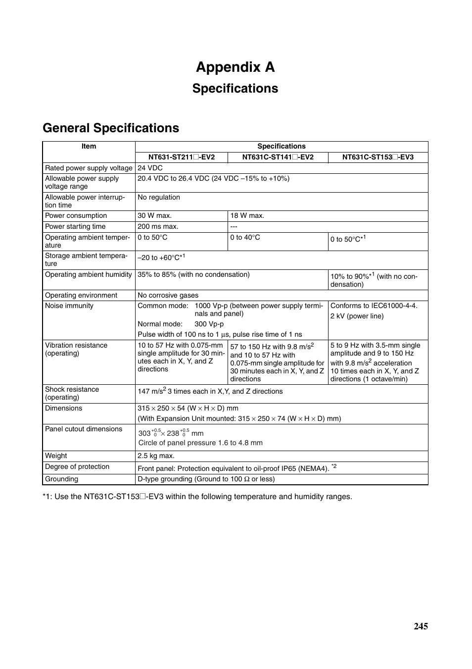 Appendix a specifications, Appendices, Specifications | Appendix a, Specifications general specifications | Omron Programmable Terminals NT631C User Manual | Page 262 / 315