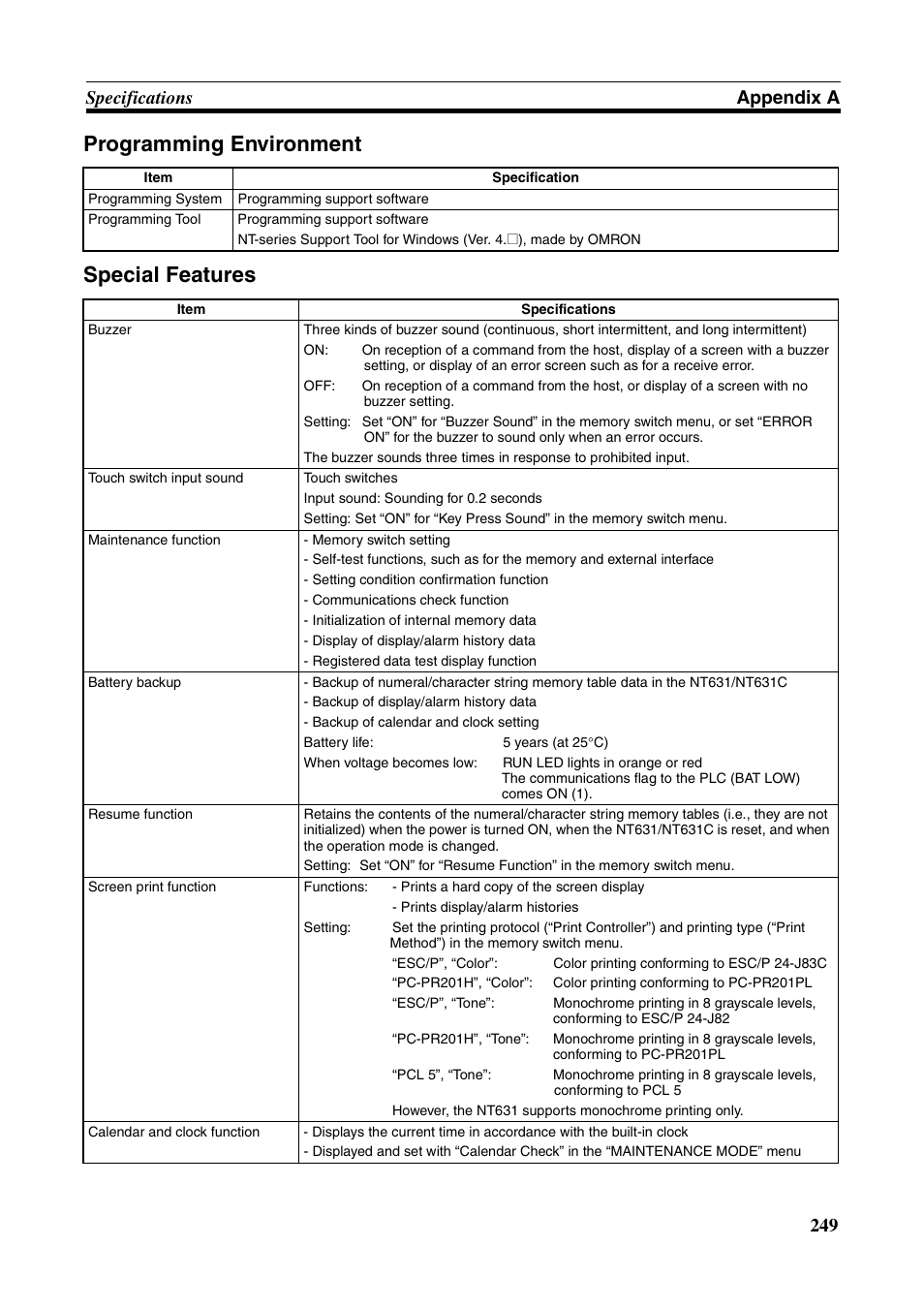 Programming environment special features, 249 specifications appendix a | Omron Programmable Terminals NT631C User Manual | Page 266 / 315