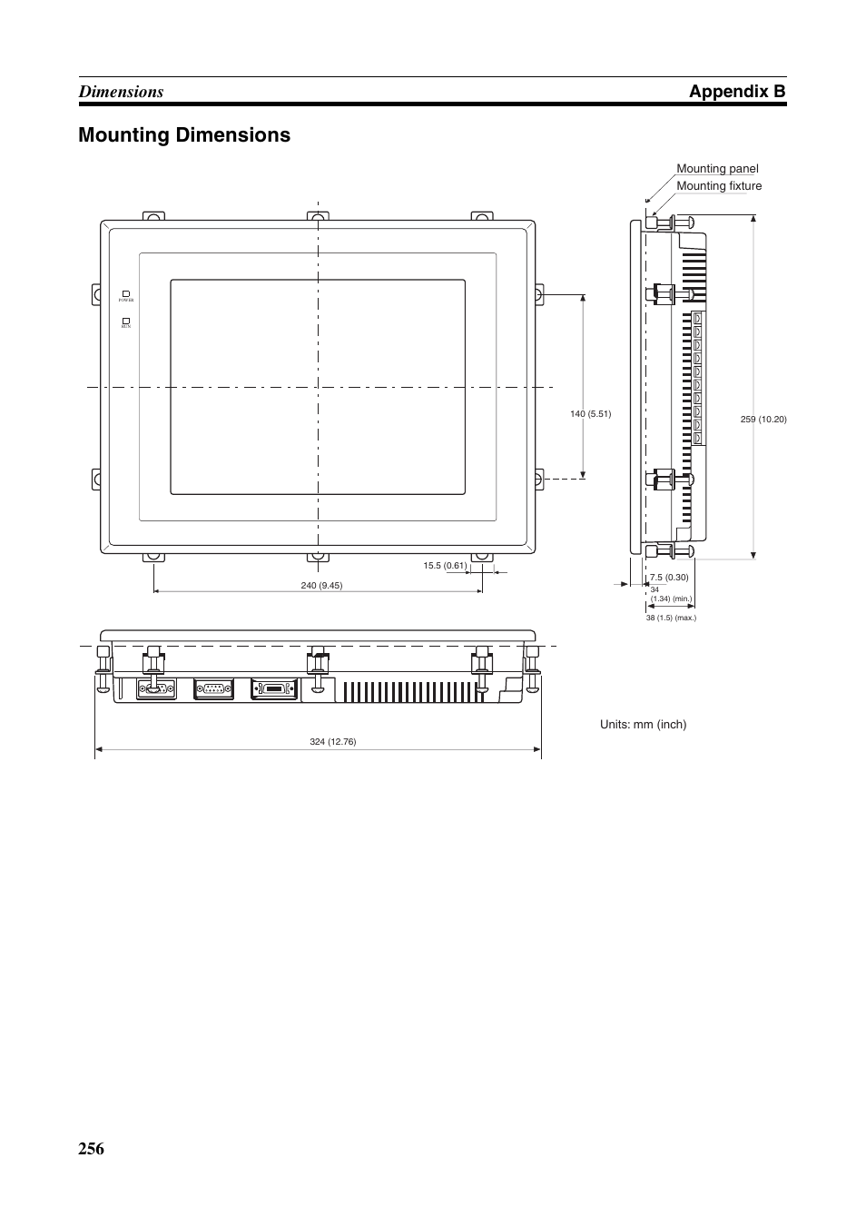 Mounting dimensions, 256 dimensions appendix b | Omron Programmable Terminals NT631C User Manual | Page 273 / 315