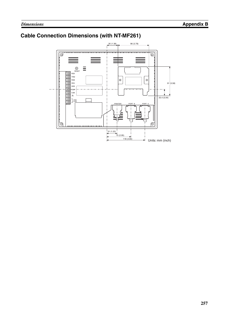 Cable connection dimensions (with nt-mf261), 257 dimensions appendix b, Units: mm (inch) | Omron Programmable Terminals NT631C User Manual | Page 274 / 315
