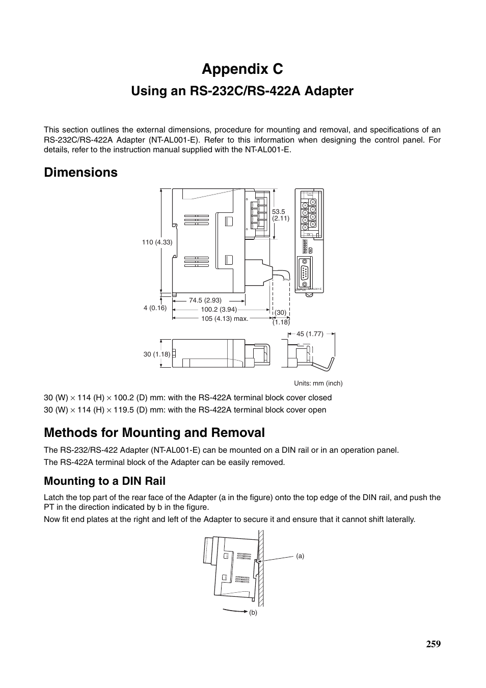 Appendix c using an rs-232c/rs-422a adapter, Using an rs-232c/rs-422a adapter, Appendix c | Dimensions, Methods for mounting and removal, Mounting to a din rail | Omron Programmable Terminals NT631C User Manual | Page 276 / 315