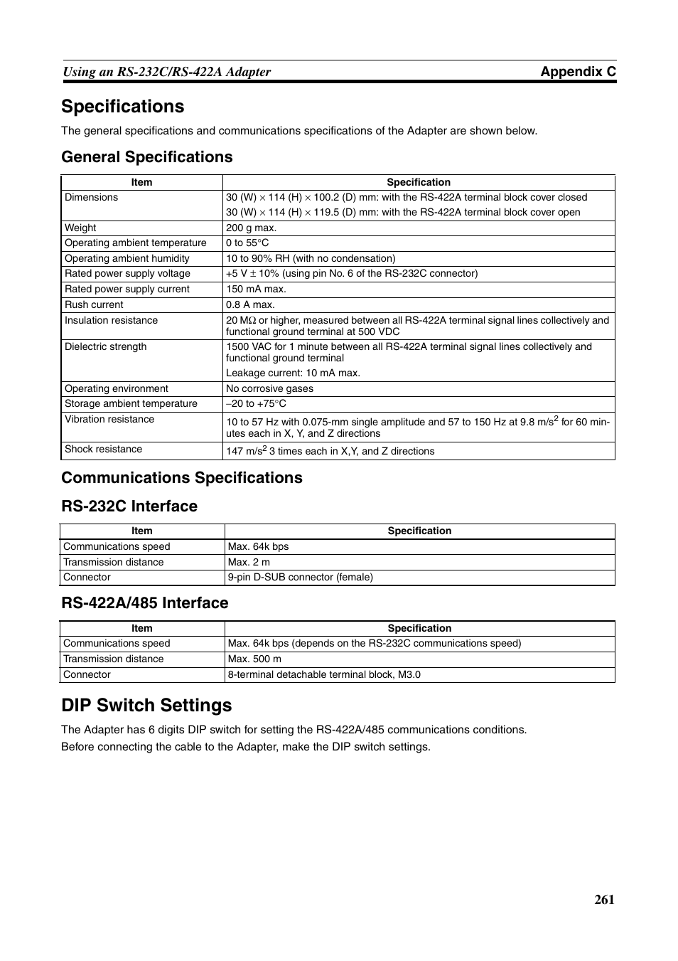 Specifications, Dip switch settings | Omron Programmable Terminals NT631C User Manual | Page 278 / 315