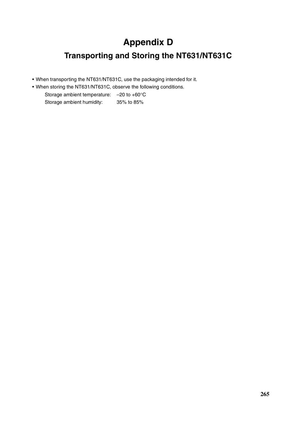 Transporting and storing the nt631/nt631c, Appendix d | Omron Programmable Terminals NT631C User Manual | Page 282 / 315