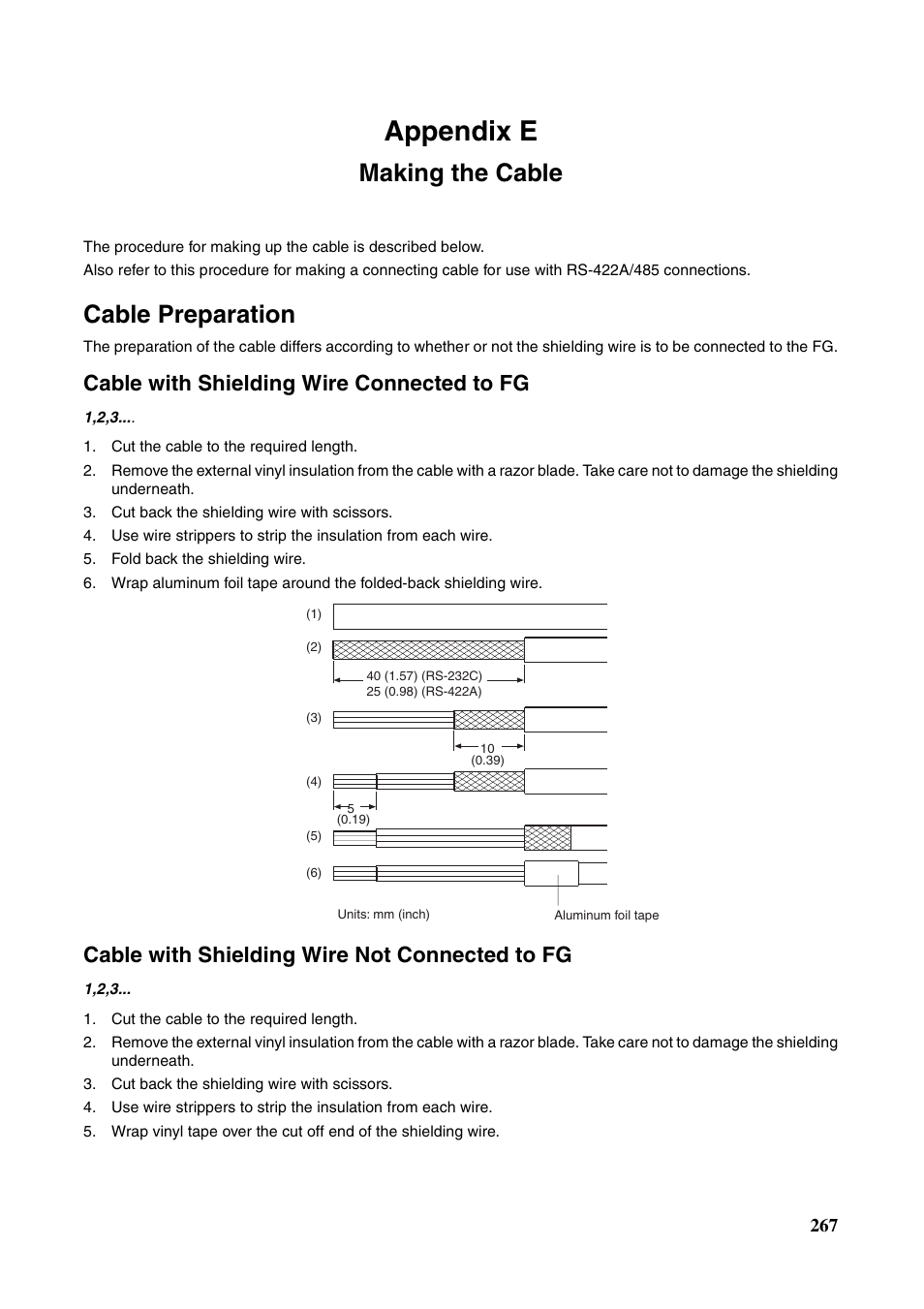 Appendix e making the cable, Making the cable, Appendix e | Cable preparation, Cable with shielding wire connected to fg, Cable with shielding wire not connected to fg | Omron Programmable Terminals NT631C User Manual | Page 284 / 315