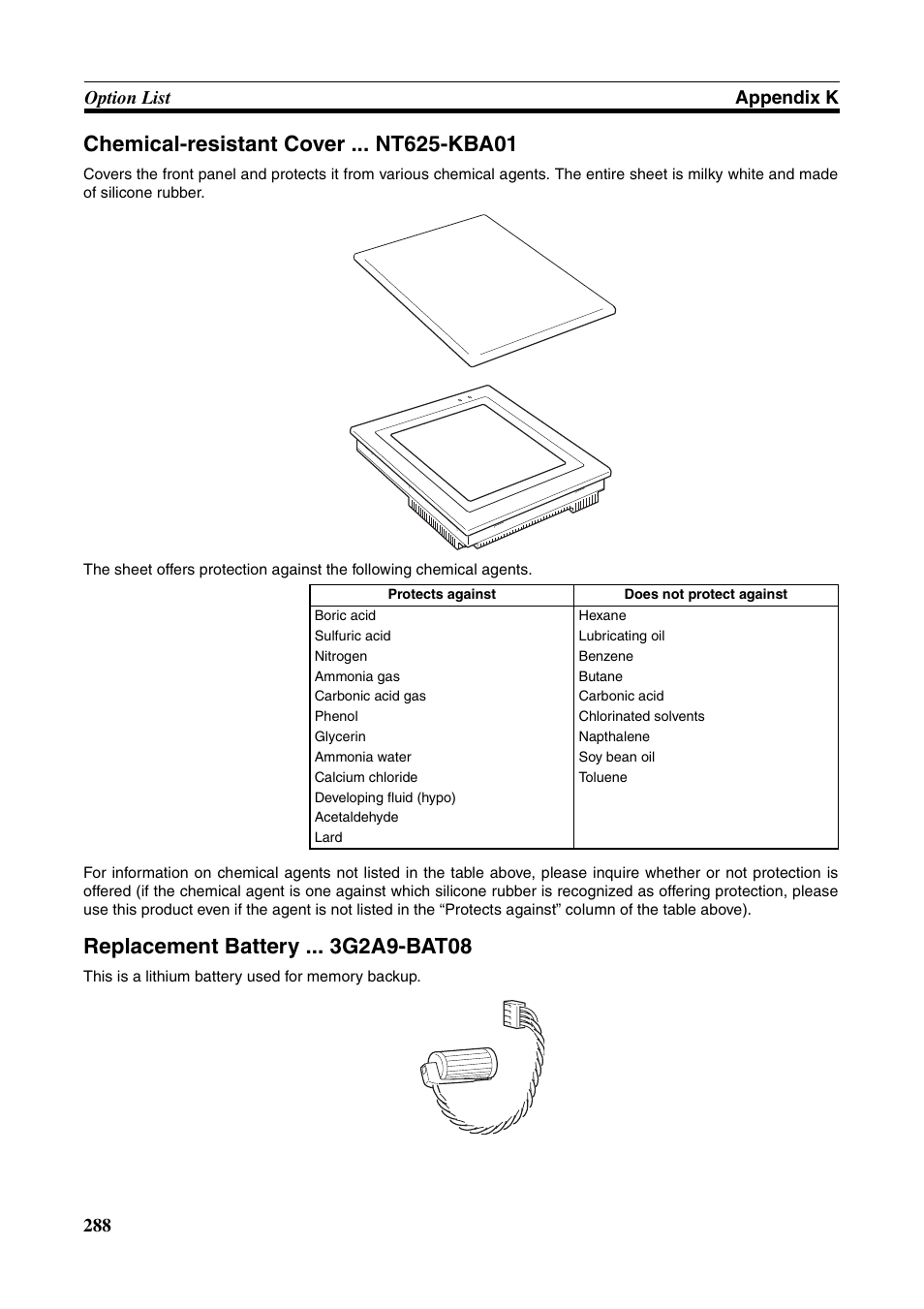 Replacement battery g2a9-bat08, 288 option list appendix k | Omron Programmable Terminals NT631C User Manual | Page 305 / 315