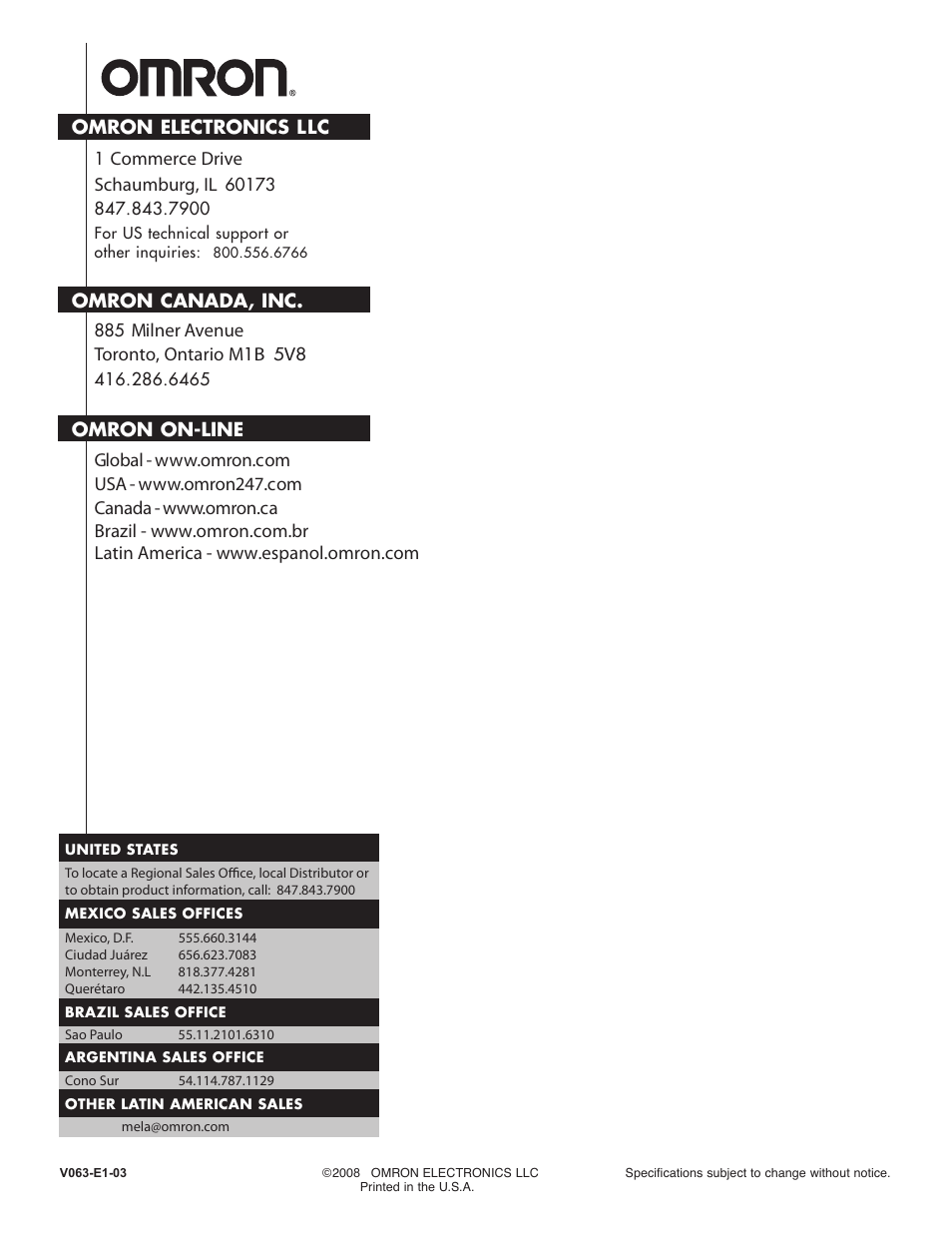 Omron electronics llc, Commerce drive schaumburg, il, Omron canada, inc | Milner avenue toronto, ontario m | Omron Programmable Terminals NT631C User Manual | Page 315 / 315