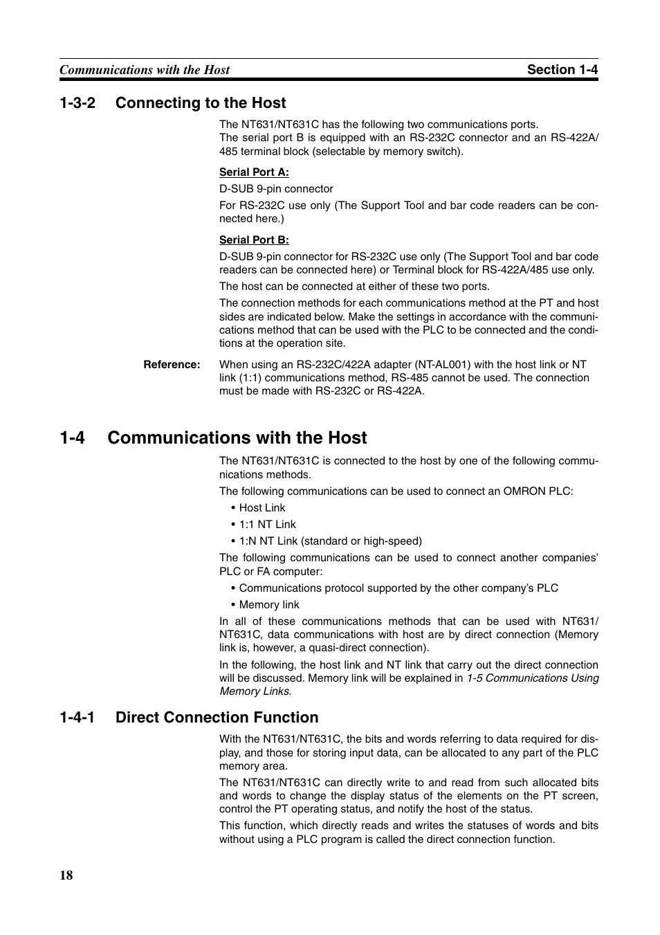 3-2 connecting to the host, 4 communications with the host, 4-1 direct connection function | Communications with the host, Connecting to the host, Direct connection function | Omron Programmable Terminals NT631C User Manual | Page 35 / 315