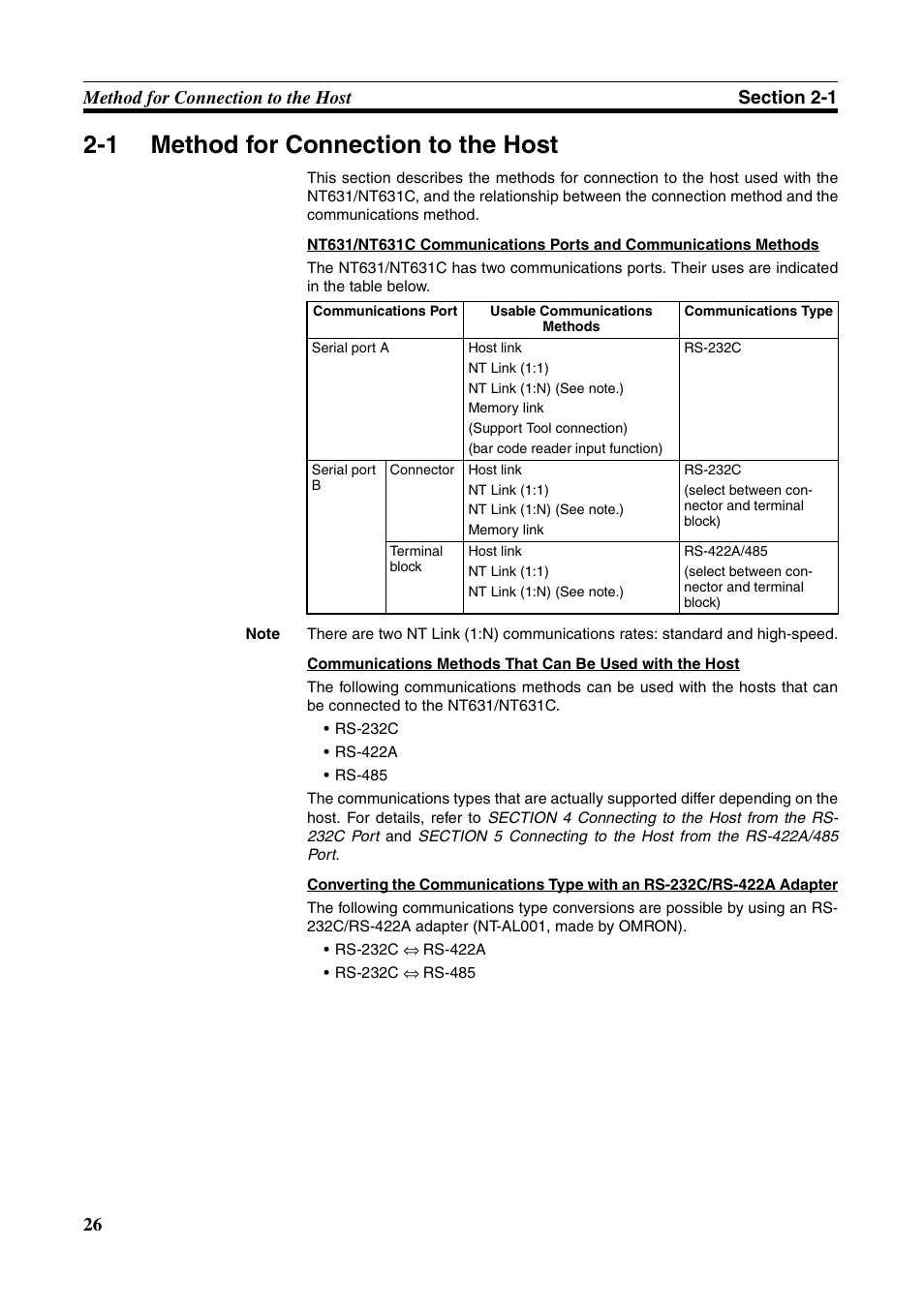 1 method for connection to the host, Method for connection to the host | Omron Programmable Terminals NT631C User Manual | Page 43 / 315