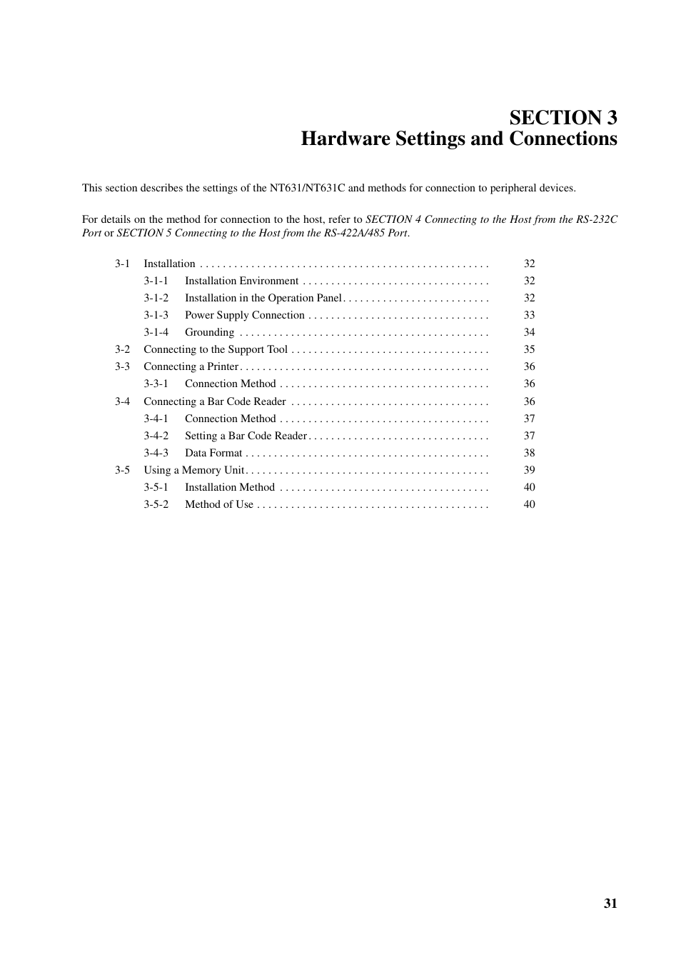 Section 3 hardware settings and connections | Omron Programmable Terminals NT631C User Manual | Page 48 / 315
