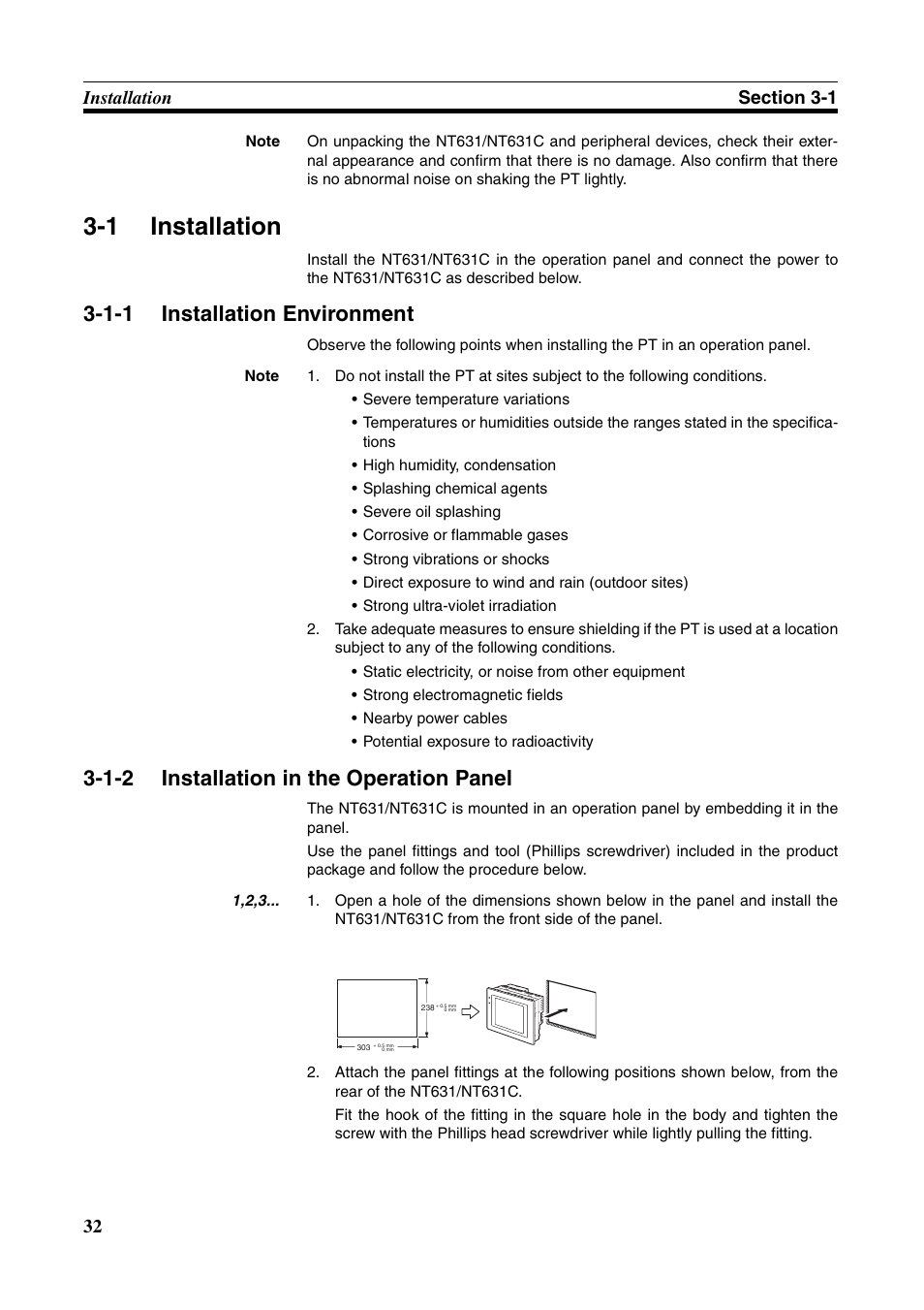 1 installation, 1-1 installation environment, 1-2 installation in the operation panel | Installation, Make the settings in the, Installation environment, Installation in the operation panel | Omron Programmable Terminals NT631C User Manual | Page 49 / 315