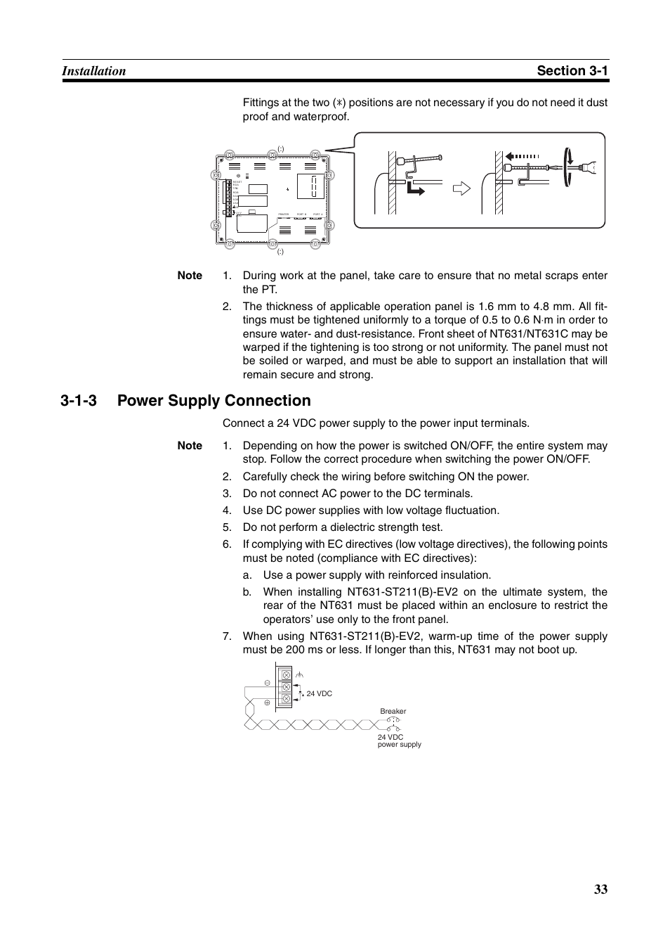 1-3 power supply connection, Power supply connection | Omron Programmable Terminals NT631C User Manual | Page 50 / 315