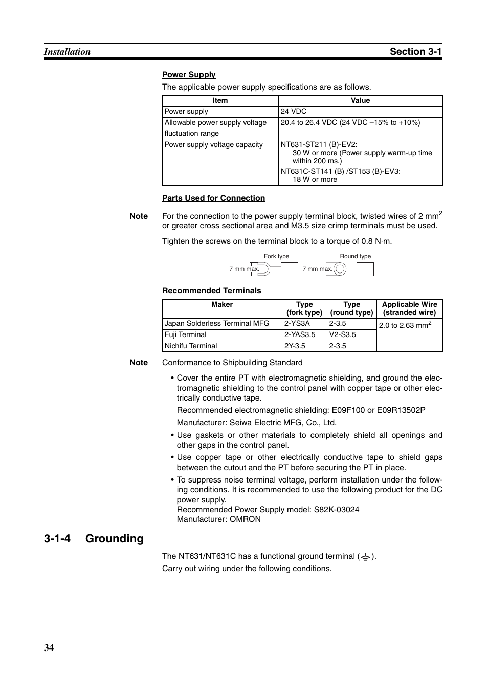1-4 grounding, Grounding | Omron Programmable Terminals NT631C User Manual | Page 51 / 315
