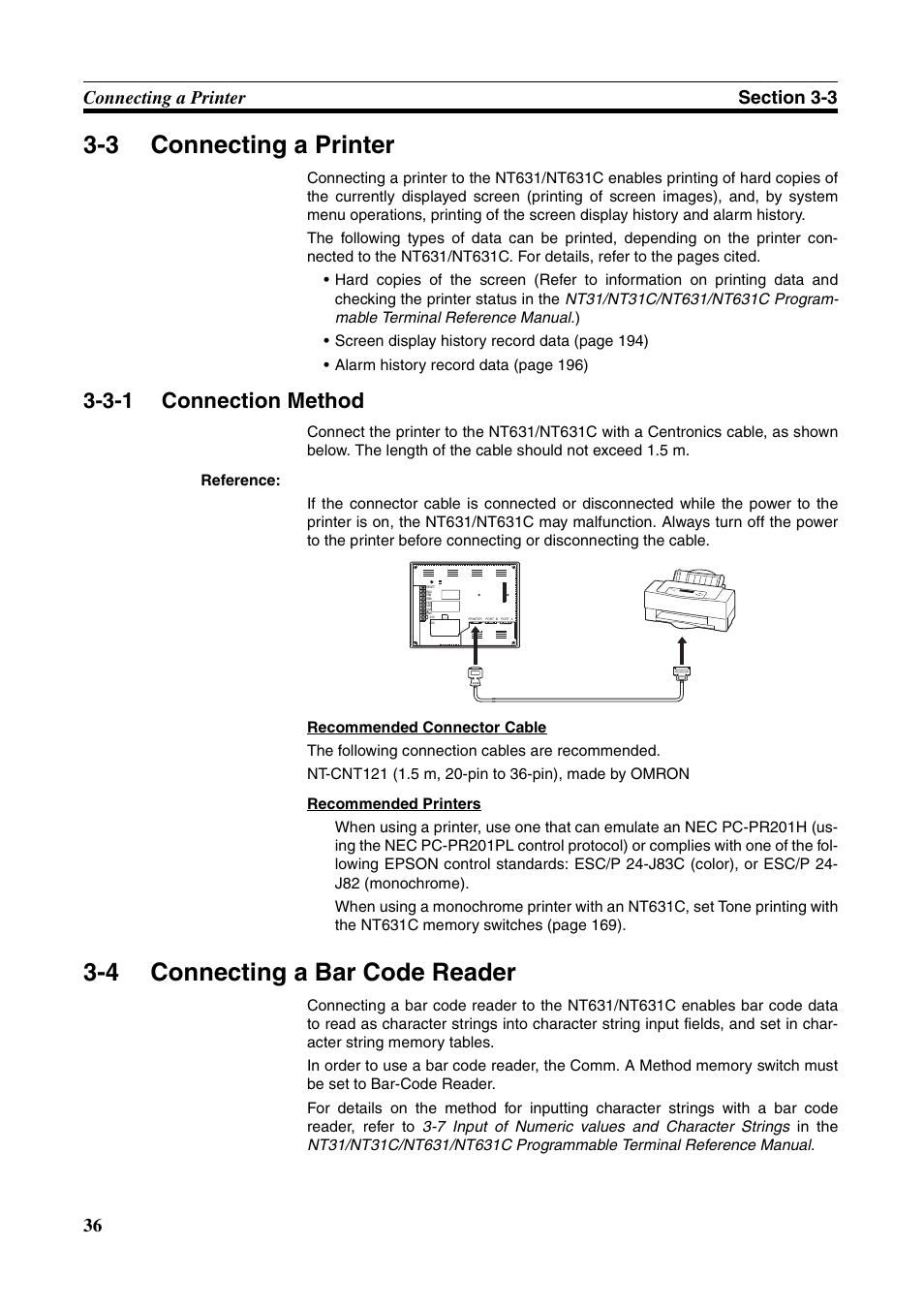 3 connecting a printer, 3-1 connection method, 4 connecting a bar code reader | Connecting a printer, Connecting a bar code reader, Connection method | Omron Programmable Terminals NT631C User Manual | Page 53 / 315