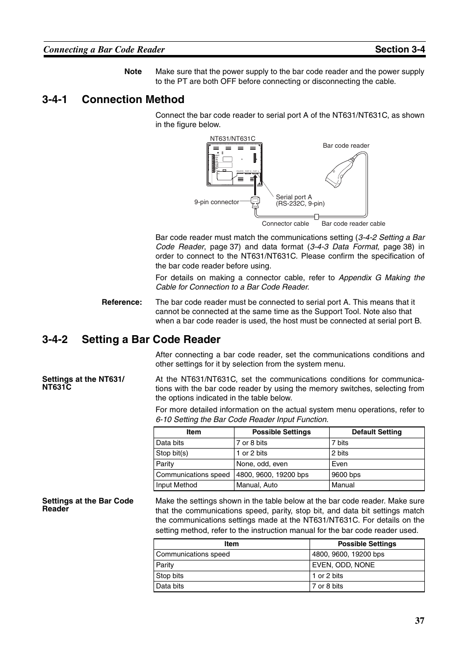 4-1 connection method, 4-2 setting a bar code reader, Connection method | Setting a bar code reader | Omron Programmable Terminals NT631C User Manual | Page 54 / 315