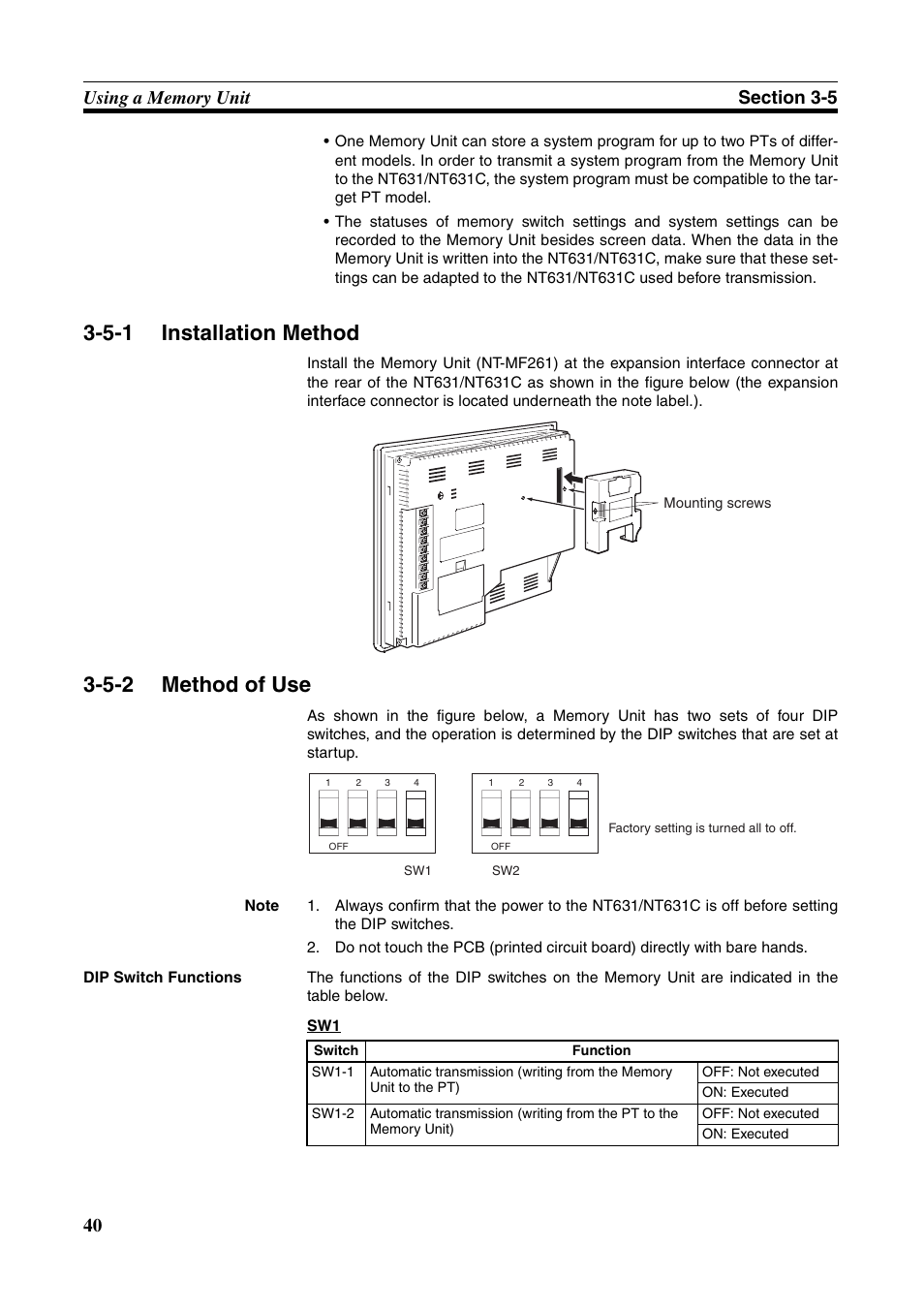 5-1 installation method, 5-2 method of use, Installation method | Method of use | Omron Programmable Terminals NT631C User Manual | Page 57 / 315