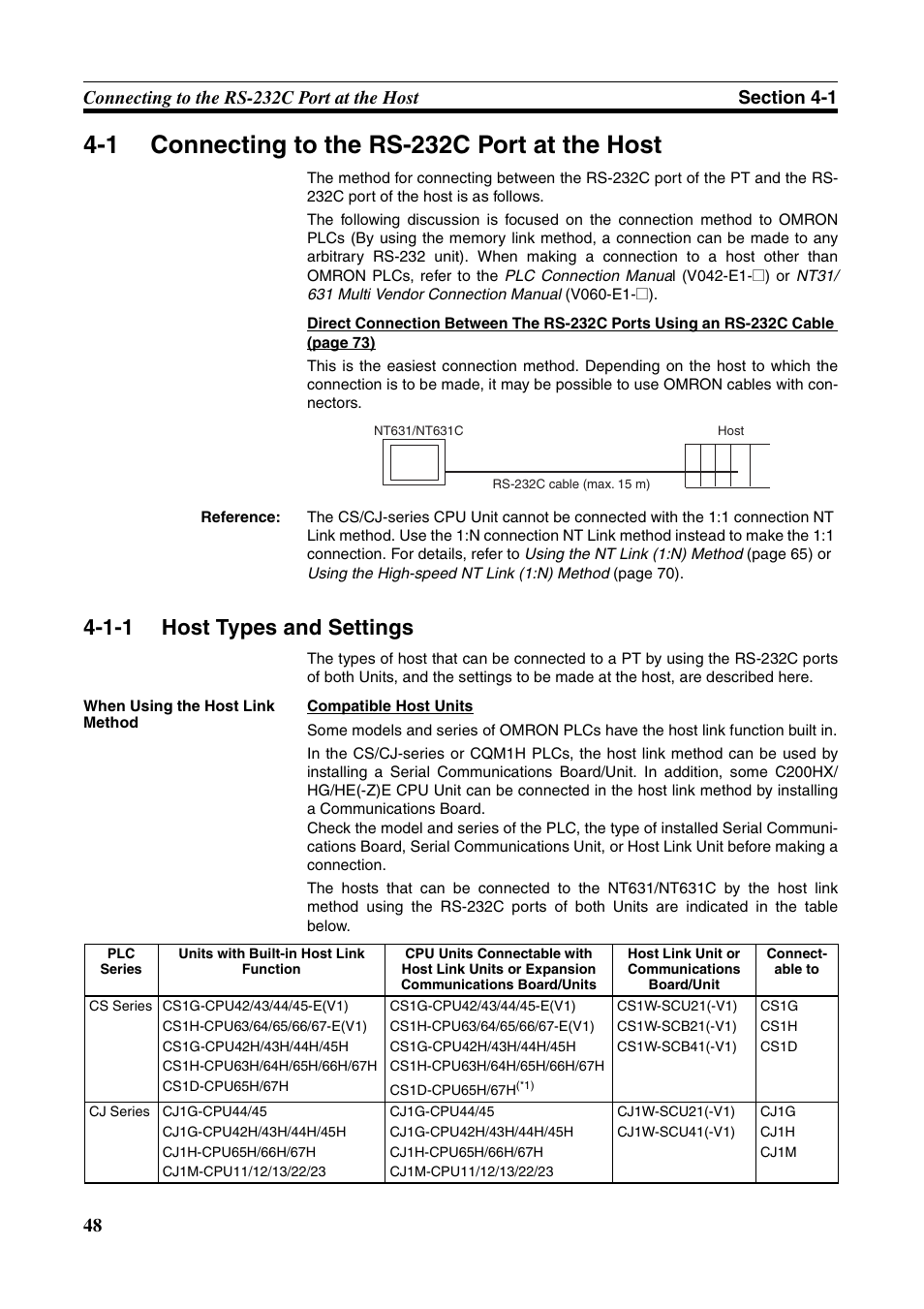 1 connecting to the rs-232c port at the host, 1-1 host types and settings, Connecting to the rs-232c port at the host | Host types and settings | Omron Programmable Terminals NT631C User Manual | Page 65 / 315