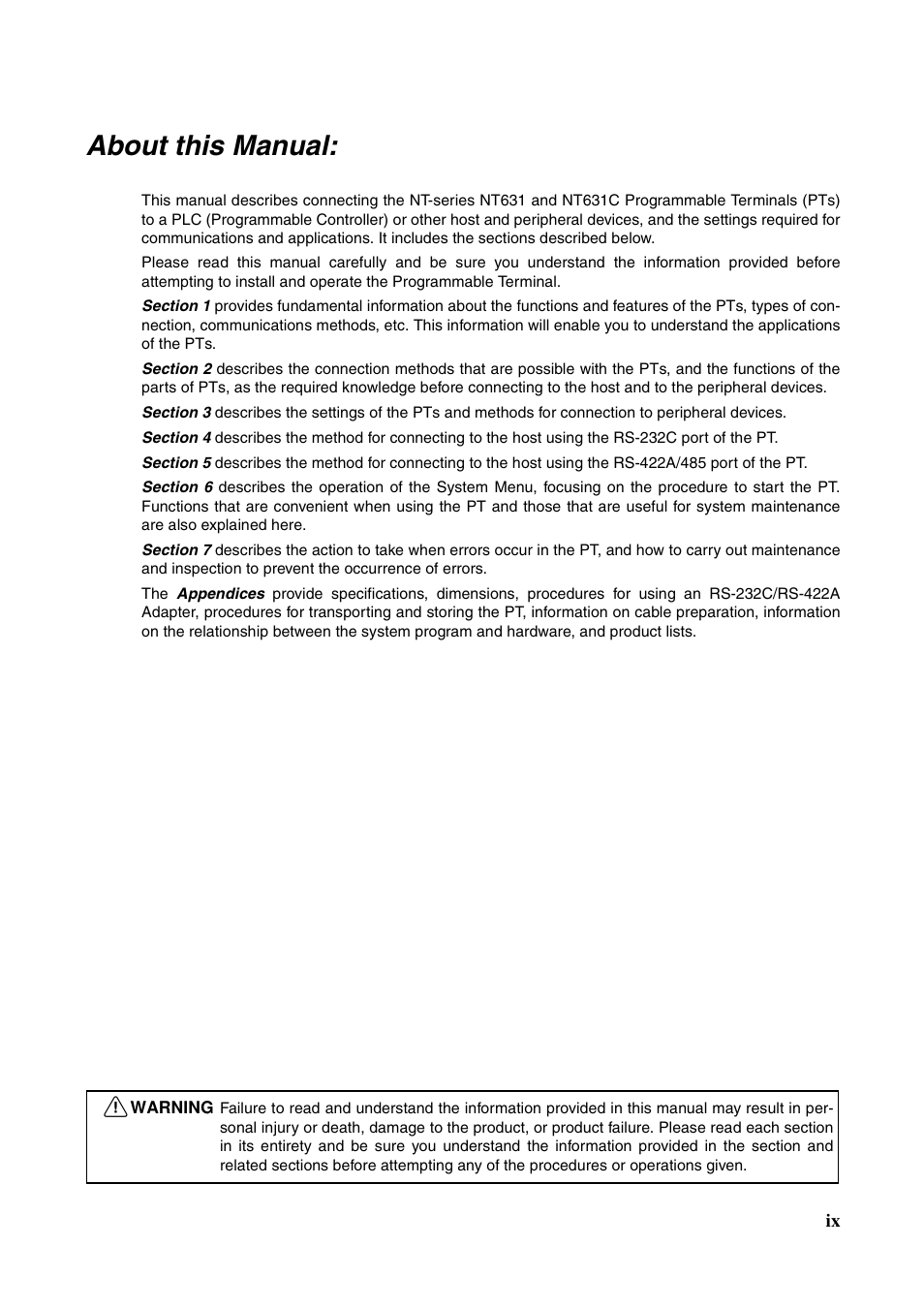 About this manual | Omron Programmable Terminals NT631C User Manual | Page 8 / 315