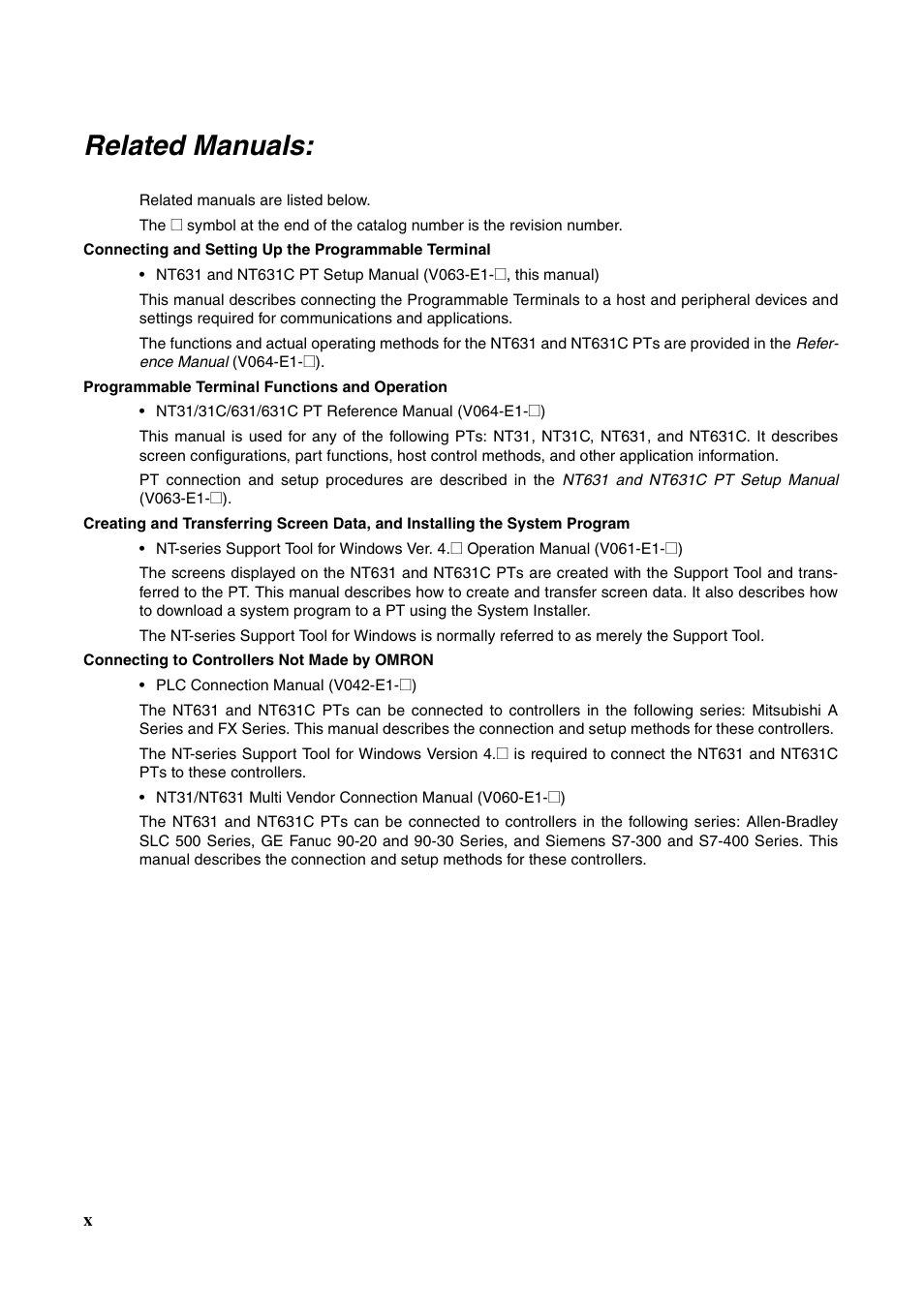 Related manuals | Omron Programmable Terminals NT631C User Manual | Page 9 / 315