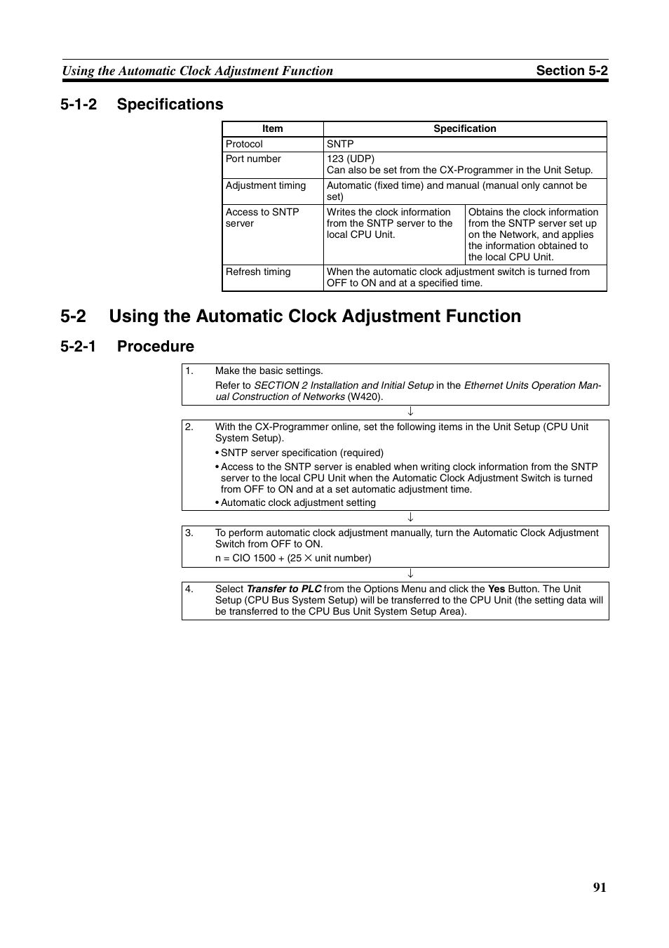 2 using the automatic clock adjustment function, Using the automatic clock adjustment function, Specifications | Procedure, 1-2 specifications, 2-1 procedure | Omron CS CJ1W-ETN21 User Manual | Page 115 / 242