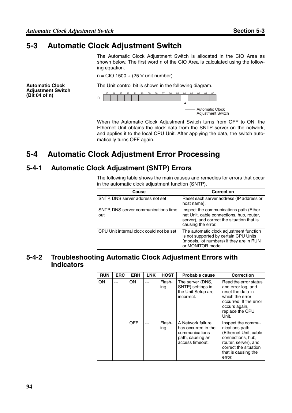 3 automatic clock adjustment switch, 4 automatic clock adjustment error processing, Automatic clock adjustment switch | Automatic clock adjustment error processing, Automatic clock adjustment (sntp) errors, 4-1 automatic clock adjustment (sntp) errors | Omron CS CJ1W-ETN21 User Manual | Page 118 / 242