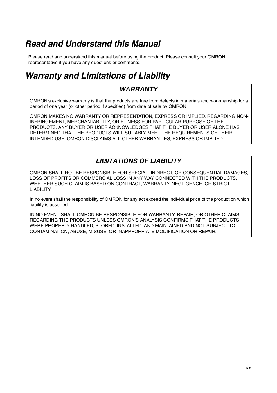 Warranty, Read and understand this manual, Warranty and limitations of liability | Omron CS CJ1W-ETN21 User Manual | Page 13 / 242