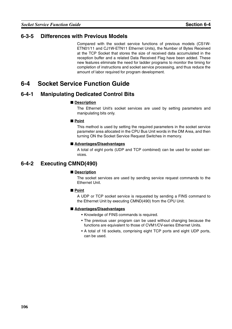 4 socket service function guide, Socket service function guide, Differences with previous models | Manipulating dedicated control bits, Executing cmnd(490), 3-5 differences with previous models, 4-1 manipulating dedicated control bits | Omron CS CJ1W-ETN21 User Manual | Page 130 / 242