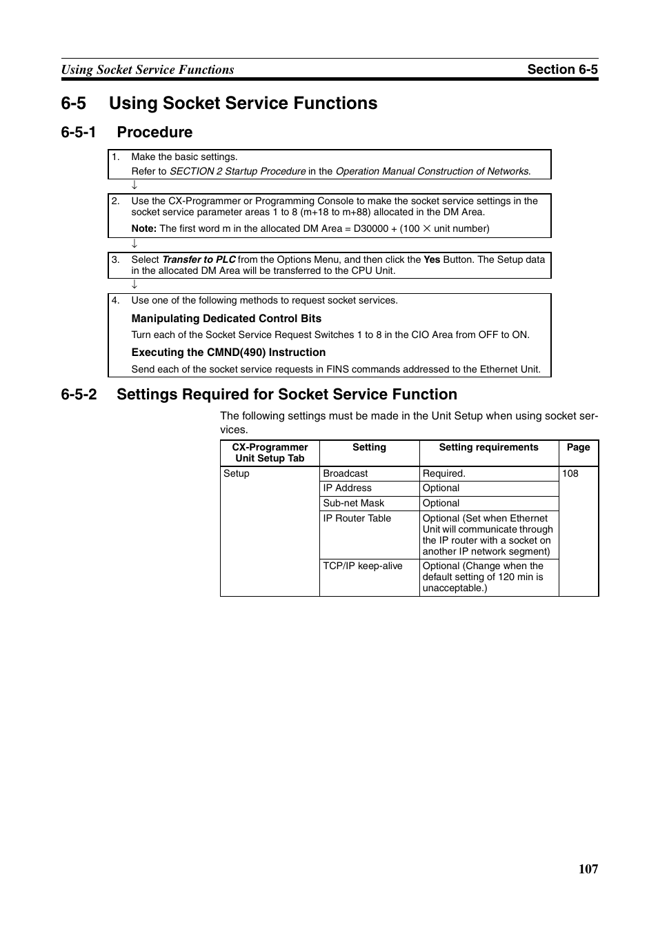 5 using socket service functions, Using socket service functions, Procedure | Settings required for socket service function | Omron CS CJ1W-ETN21 User Manual | Page 131 / 242