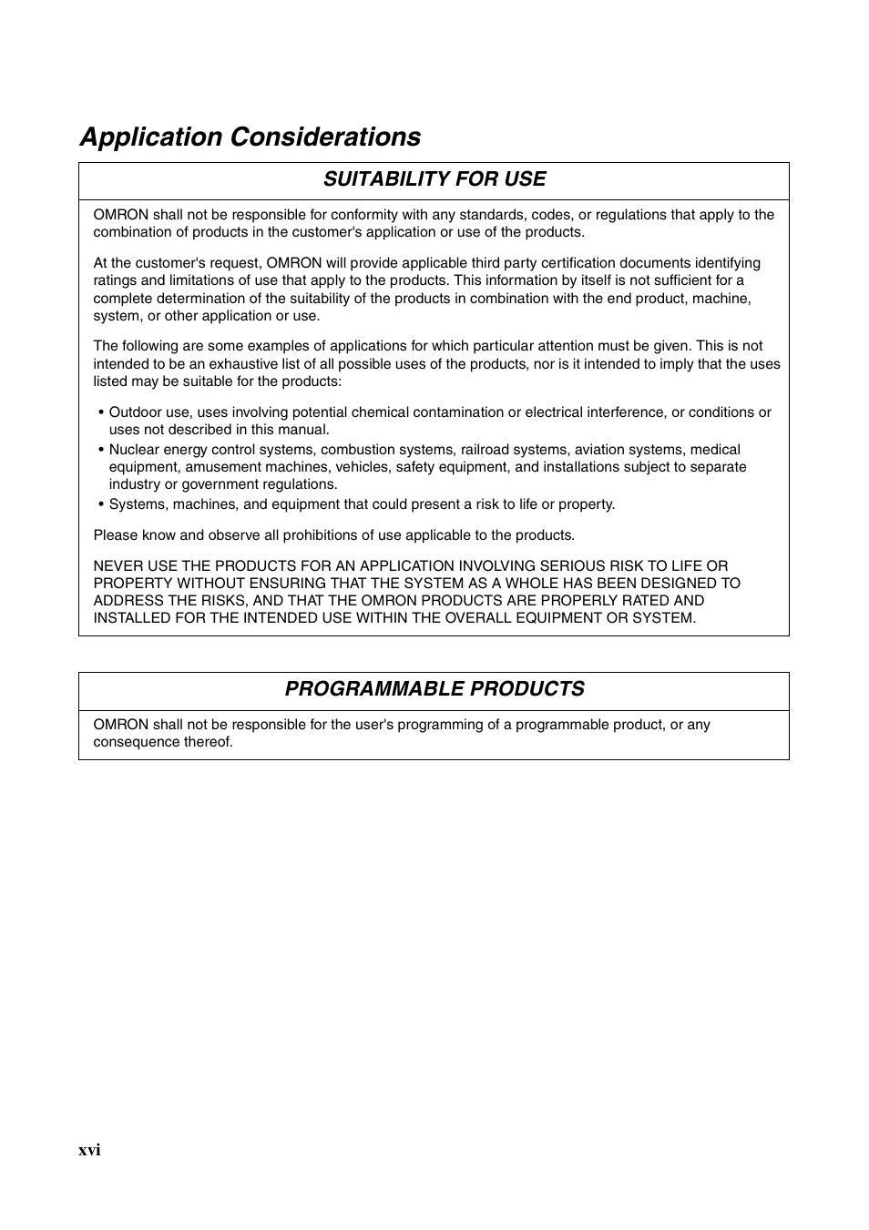 Application considerations, Suitability for use, Programmable products | Omron CS CJ1W-ETN21 User Manual | Page 14 / 242