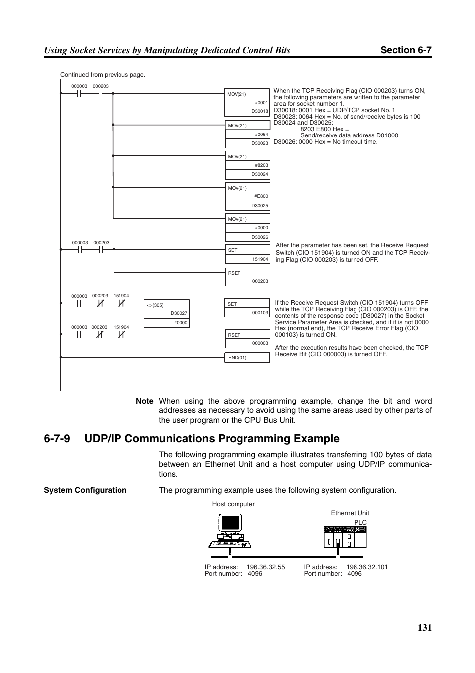 Udp/ip communications programming example, 7-9 udp/ip communications programming example | Omron CS CJ1W-ETN21 User Manual | Page 155 / 242