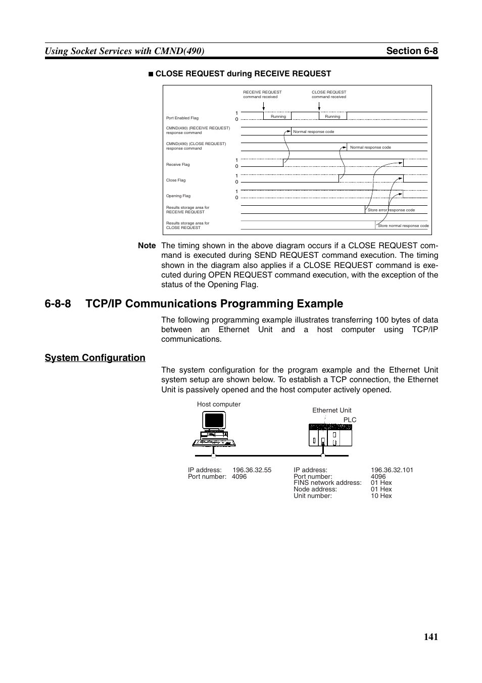 Tcp/ip communications programming example, 8-8 tcp/ip communications programming example, System configuration | Omron CS CJ1W-ETN21 User Manual | Page 165 / 242