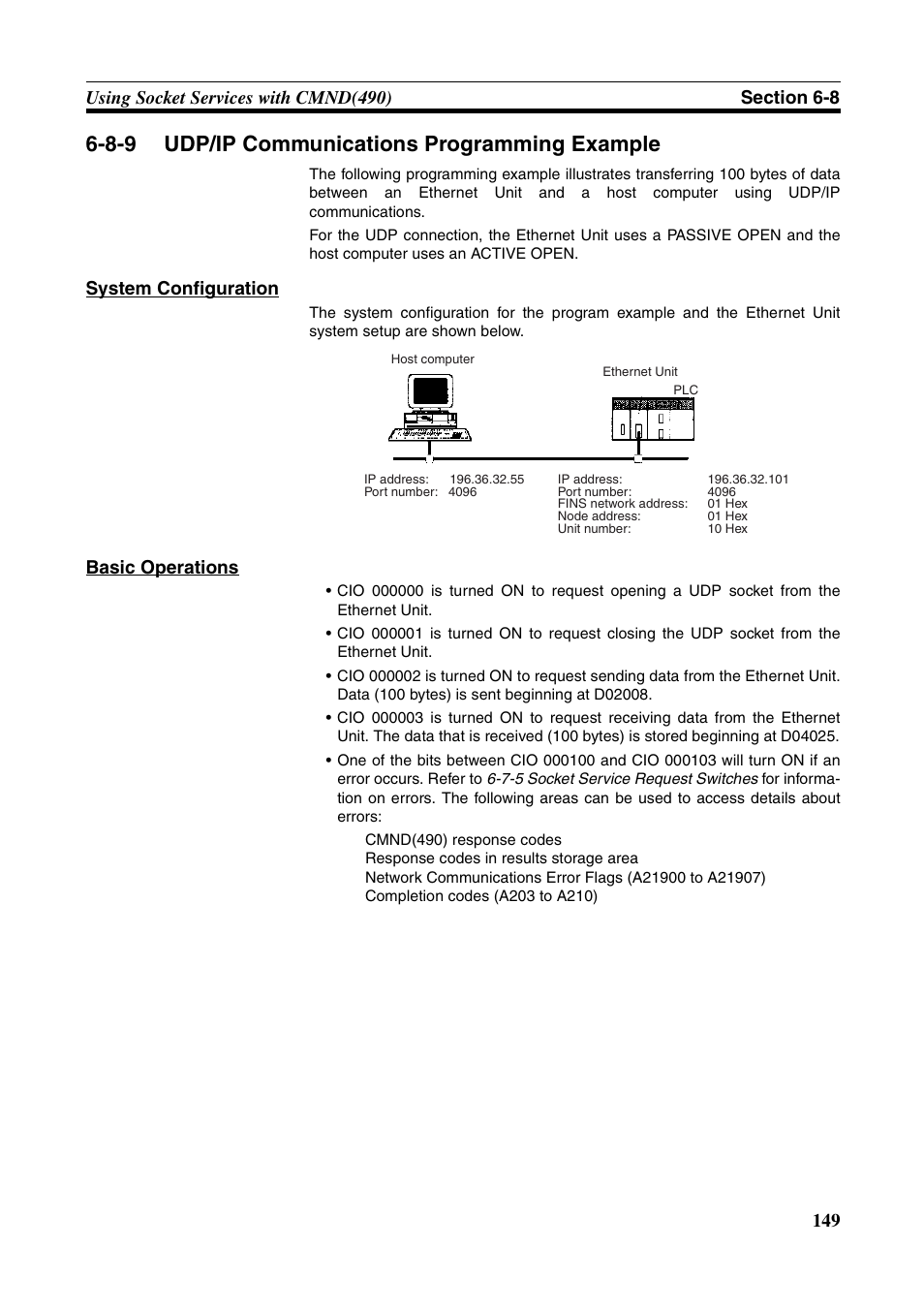 Udp/ip communications programming example, 8-9 udp/ip communications programming example, System configuration | Basic operations | Omron CS CJ1W-ETN21 User Manual | Page 173 / 242