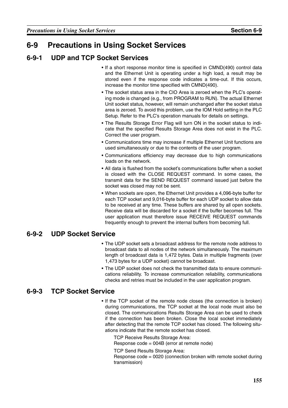 9 precautions in using socket services, Precautions in using socket services, Udp and tcp socket services | Udp socket service, Tcp socket service, 9-1 udp and tcp socket services, 9-2 udp socket service, 9-3 tcp socket service | Omron CS CJ1W-ETN21 User Manual | Page 179 / 242
