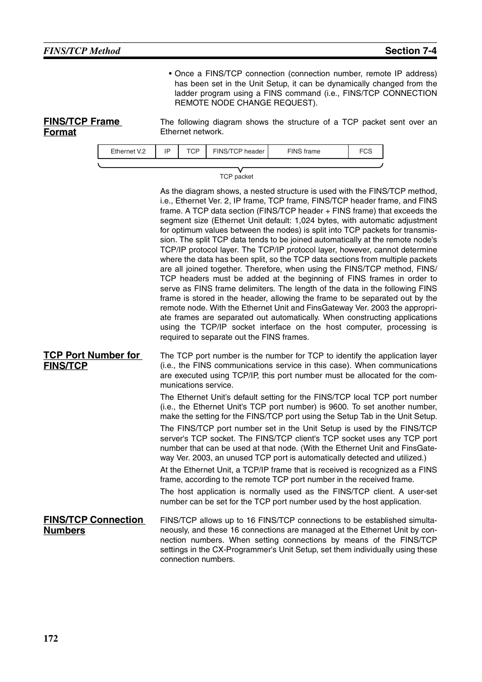 Fins/tcp frame format, Tcp port number for fins/tcp, Fins/tcp connection numbers | Omron CS CJ1W-ETN21 User Manual | Page 196 / 242