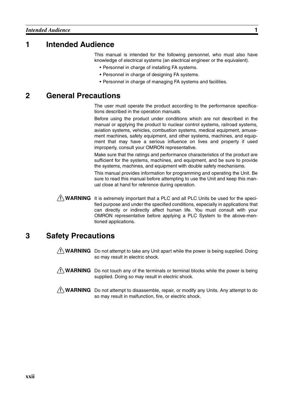 1 intended audience, 2 general precautions, 3 safety precautions | Intended audience, Xxii, General precautions, Safety precautions, 1intended audience, 2general precautions, 3safety precautions | Omron CS CJ1W-ETN21 User Manual | Page 20 / 242
