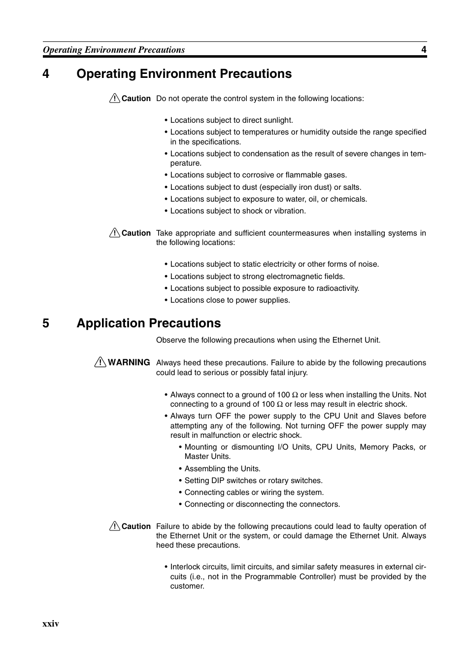 4 operating environment precautions, 5 application precautions, Operating environment precautions | Xxiv, Application precautions, 4operating environment precautions, 5application precautions | Omron CS CJ1W-ETN21 User Manual | Page 22 / 242