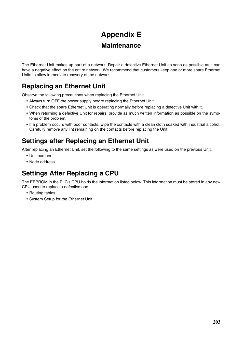 Appendix e maintenance, Maintenance, Appendix e | Replacing an ethernet unit, Settings after replacing an ethernet unit, Settings after replacing a cpu | Omron CS CJ1W-ETN21 User Manual | Page 227 / 242