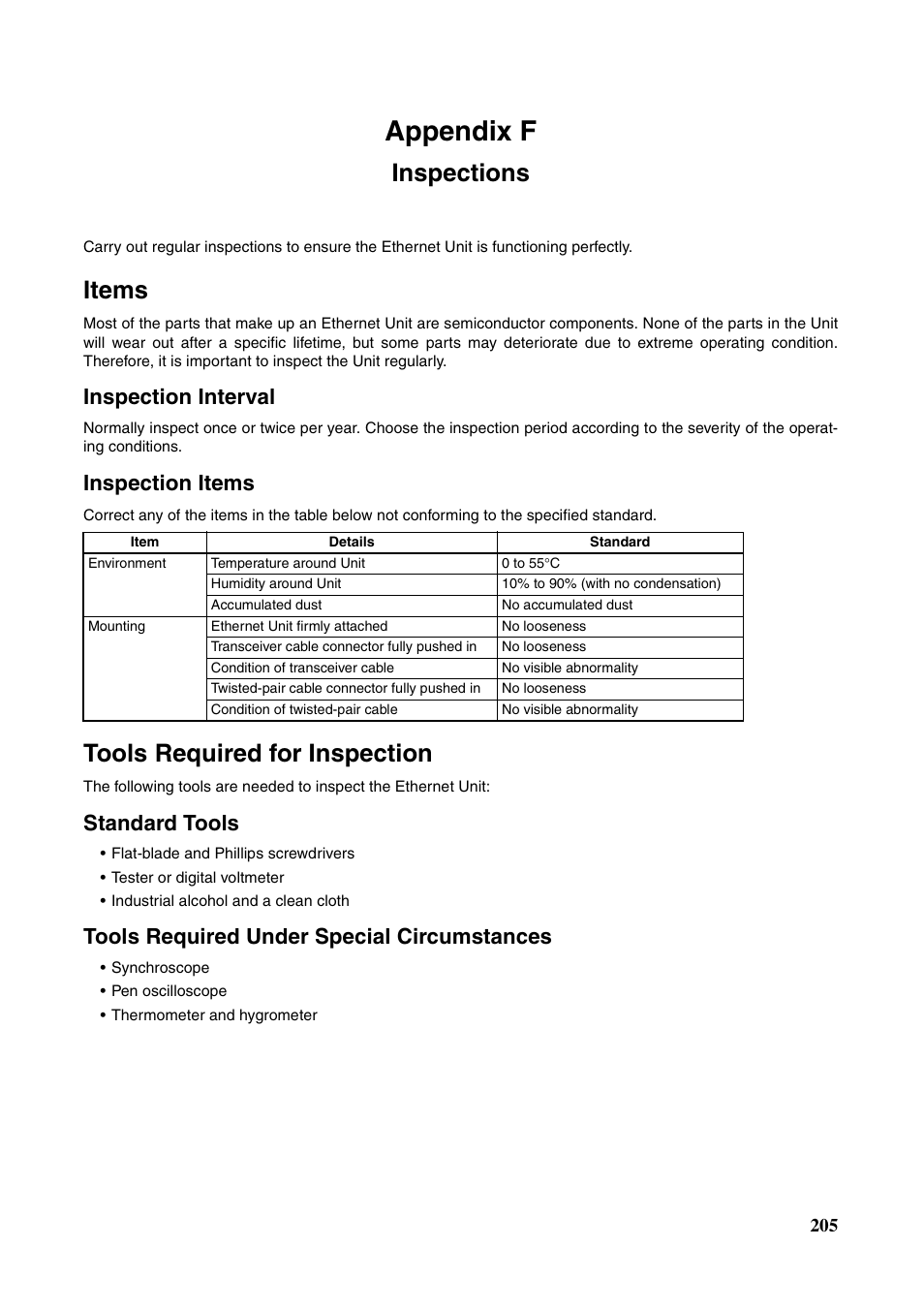 Appendix f inspections, Inspections, Appendix f | Items, Tools required for inspection, Inspection interval, Inspection items, Standard tools, Tools required under special circumstances | Omron CS CJ1W-ETN21 User Manual | Page 229 / 242