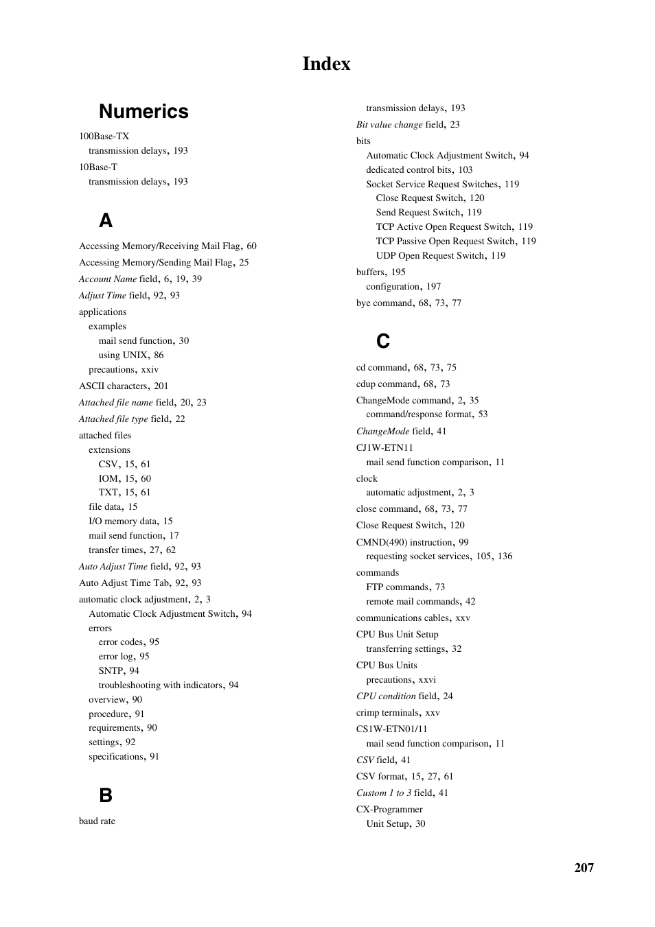 Index, Index numerics | Omron CS CJ1W-ETN21 User Manual | Page 231 / 242