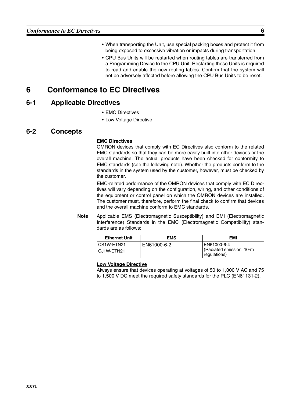 6 conformance to ec directives, Conformance to ec directives, Xxvi | Applicable directives, Concepts, 6conformance to ec directives, 1 applicable directives, 2 concepts | Omron CS CJ1W-ETN21 User Manual | Page 24 / 242