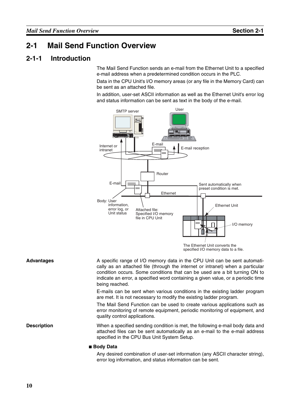 1 mail send function overview, Mail send function overview, Introduction | 1-1 introduction | Omron CS CJ1W-ETN21 User Manual | Page 34 / 242