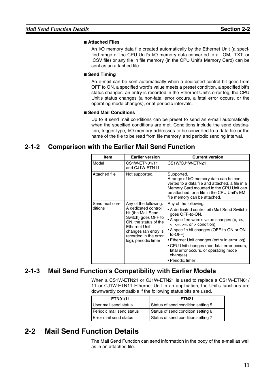 2 mail send function details, Mail send function details, Comparison with the earlier mail send function | Omron CS CJ1W-ETN21 User Manual | Page 35 / 242