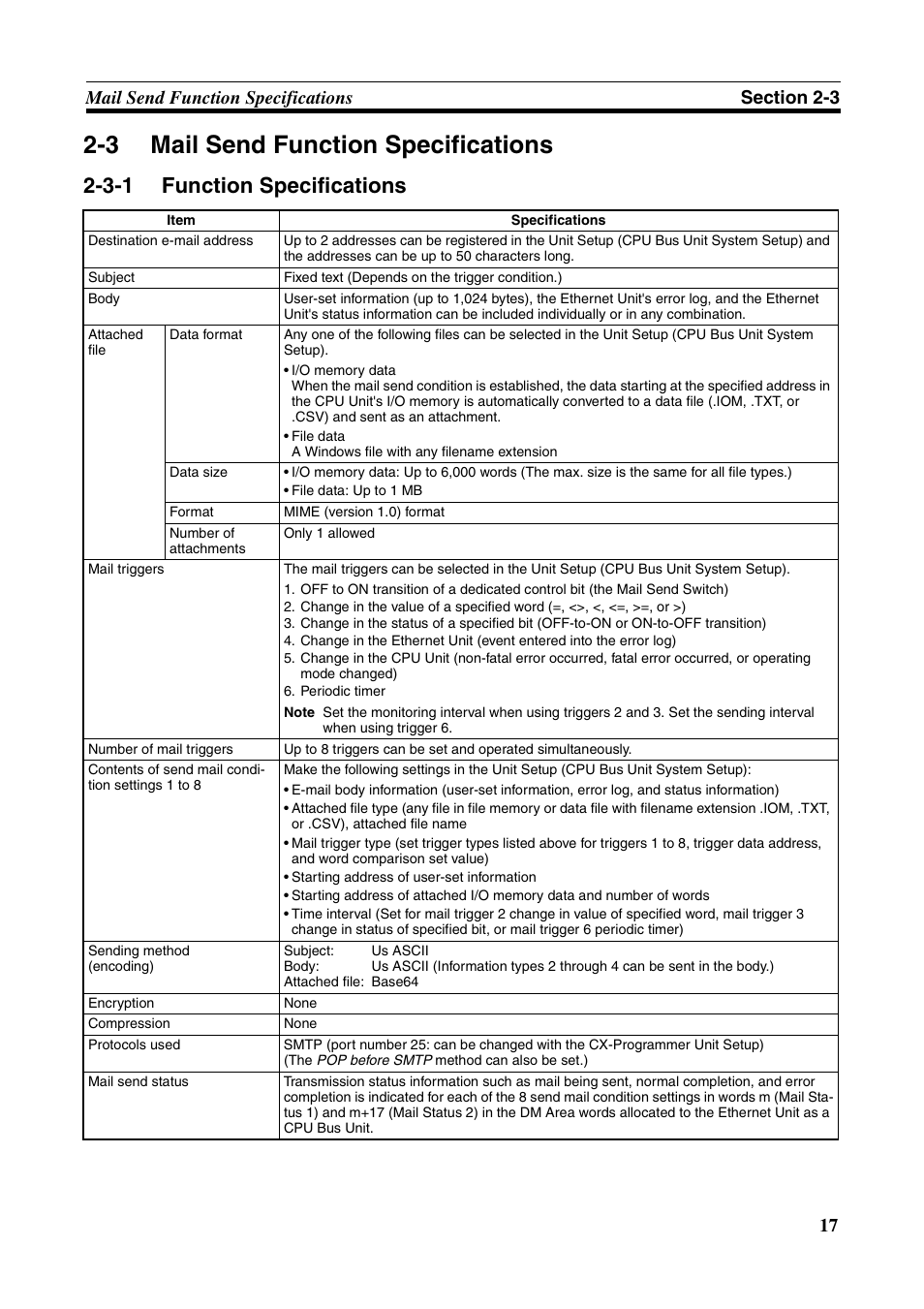 3 mail send function specifications, Mail send function specifications, Function specifications | 3-1 function specifications | Omron CS CJ1W-ETN21 User Manual | Page 41 / 242