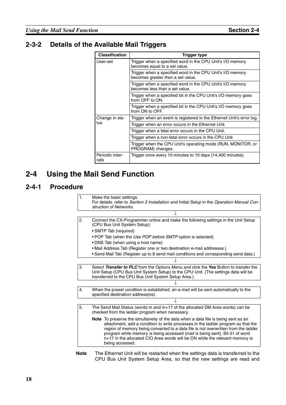 4 using the mail send function, Using the mail send function, Details of the available mail triggers | Procedure, 3-2 details of the available mail triggers, 4-1 procedure | Omron CS CJ1W-ETN21 User Manual | Page 42 / 242