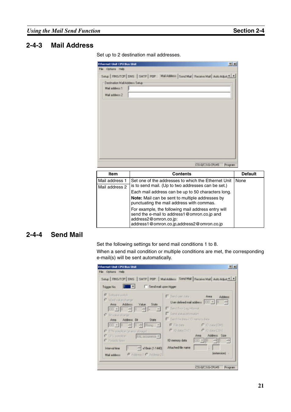 Mail address, Send mail, 4-3 mail address | 4-4 send mail | Omron CS CJ1W-ETN21 User Manual | Page 45 / 242