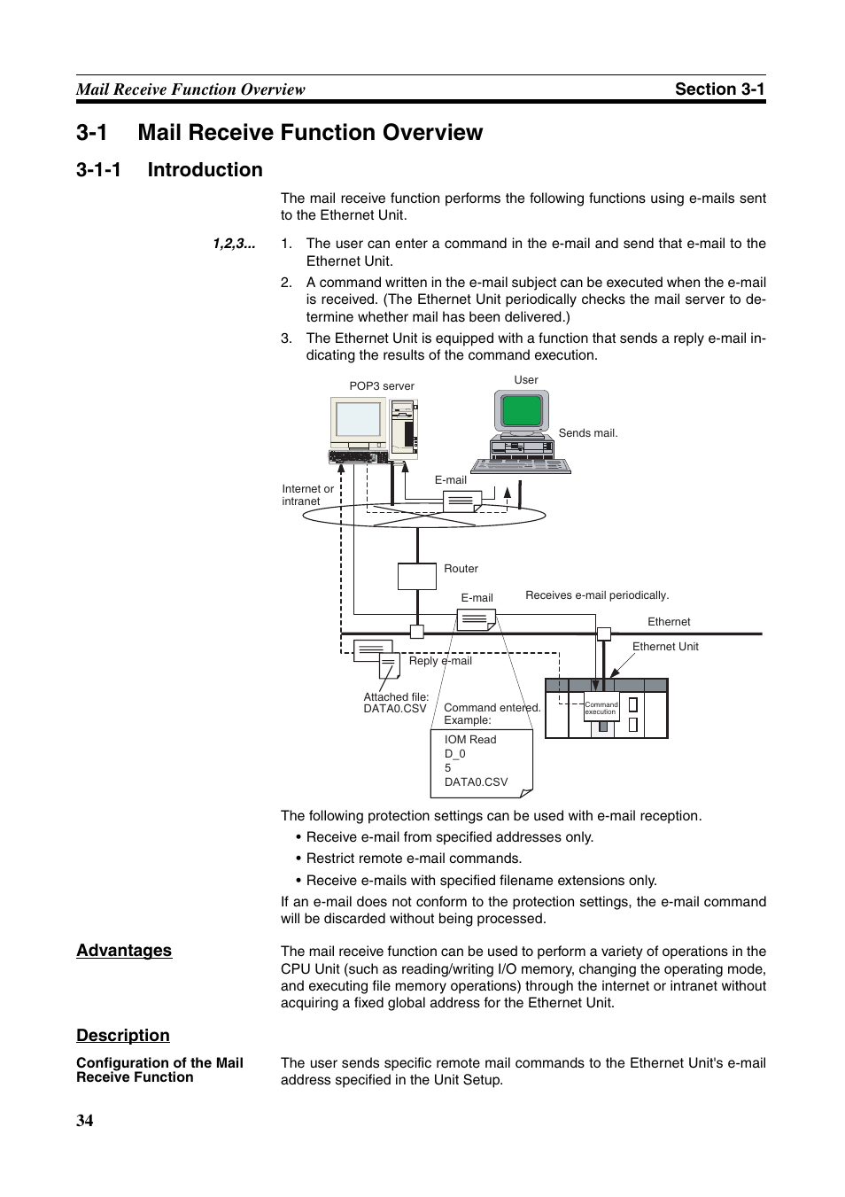 1 mail receive function overview, Mail receive function overview, Introduction | 1-1 introduction, Advantages, Description | Omron CS CJ1W-ETN21 User Manual | Page 58 / 242