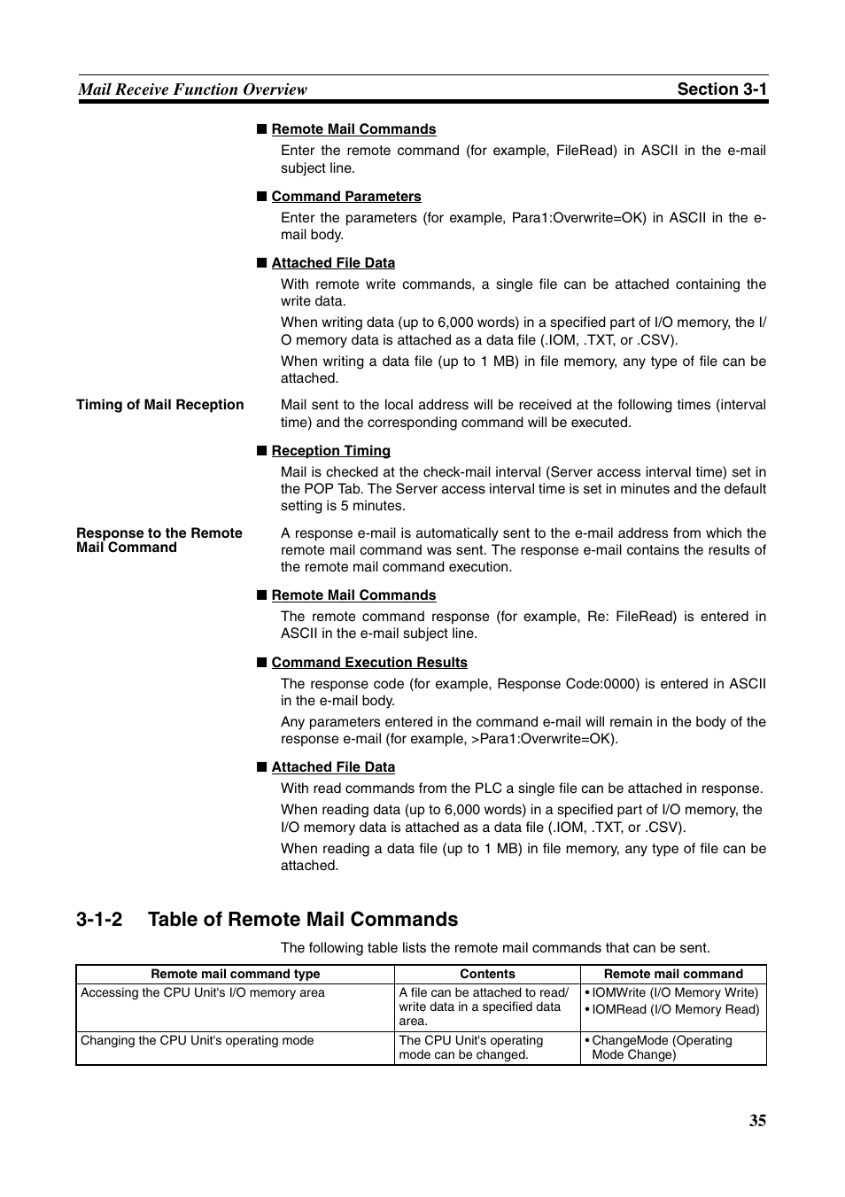 Table of remote mail commands, 1-2 table of remote mail commands | Omron CS CJ1W-ETN21 User Manual | Page 59 / 242