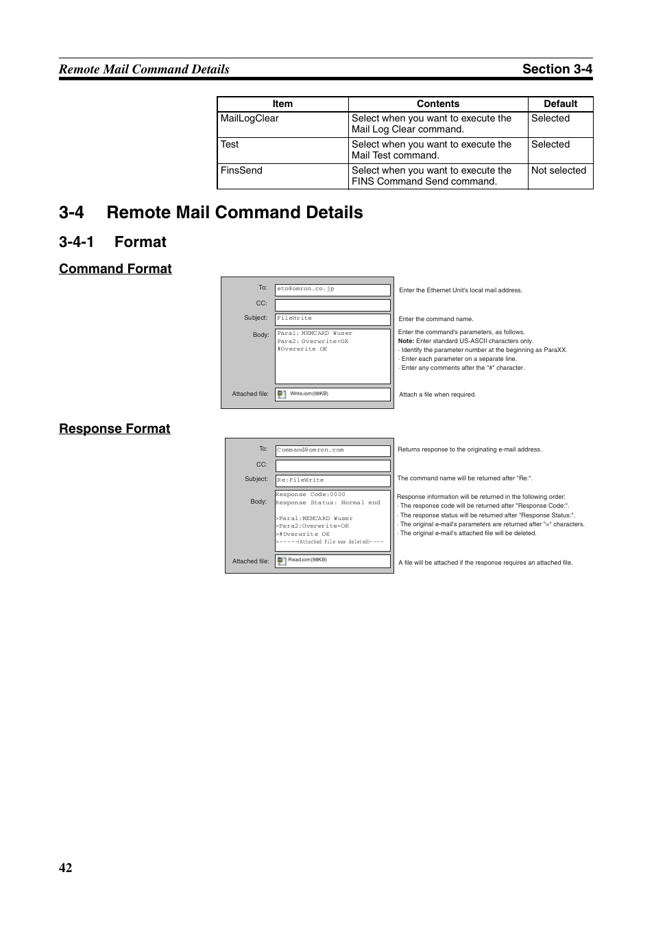 4 remote mail command details, Remote mail command details, Format | 4-1 format, Command format response format | Omron CS CJ1W-ETN21 User Manual | Page 66 / 242