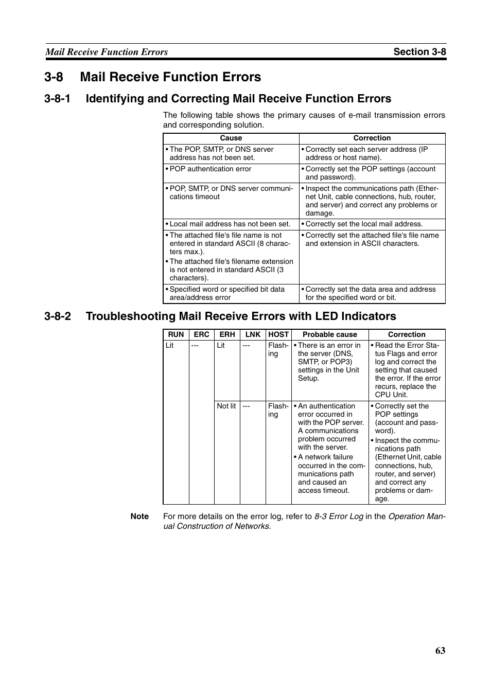 8 mail receive function errors, Mail receive function errors | Omron CS CJ1W-ETN21 User Manual | Page 87 / 242